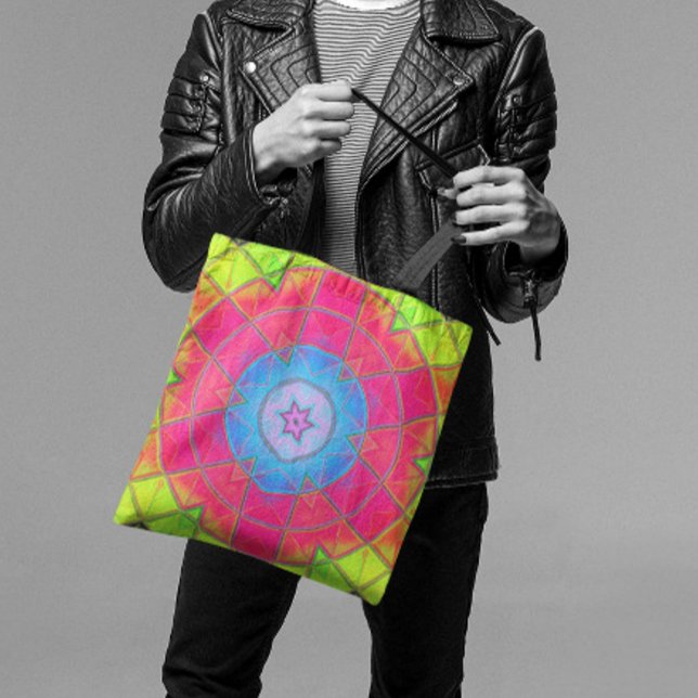 Bolsa Tote Mosaico Caleidoscópio Flor Azul, Rosa e Amarelo (Criador carregado)