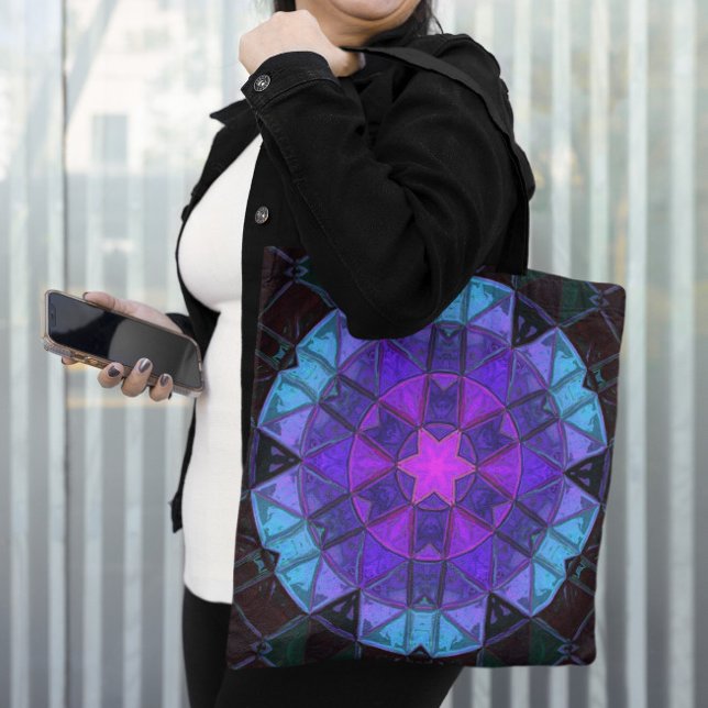 Bolsa Tote Mosaico Caleidoscópio Flor Azul Roxo e Preto (Criador carregado)