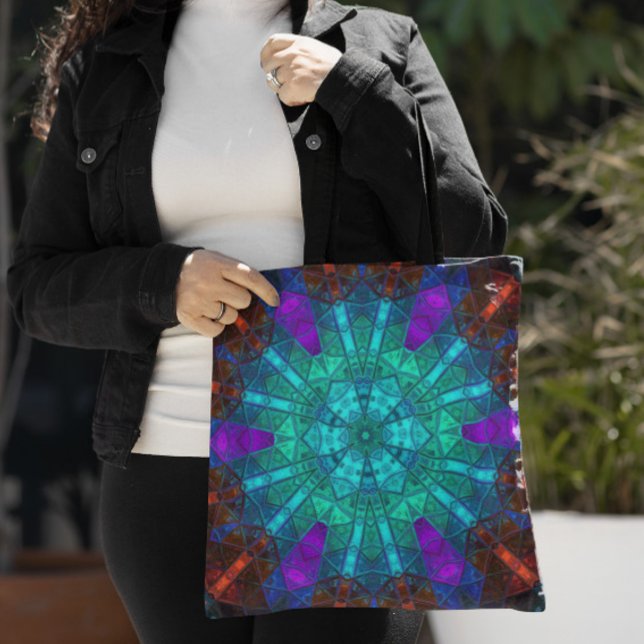 Bolsa Tote Mosaico Caleidoscópio Flor Azul Roxo e Vermelho (Criador carregado)