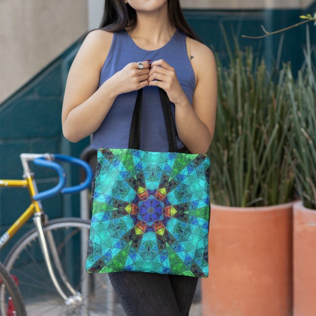 Bolsa Tote Mosaico Caleidoscópio Flor Azul Verde e Laranja (Criador carregado)