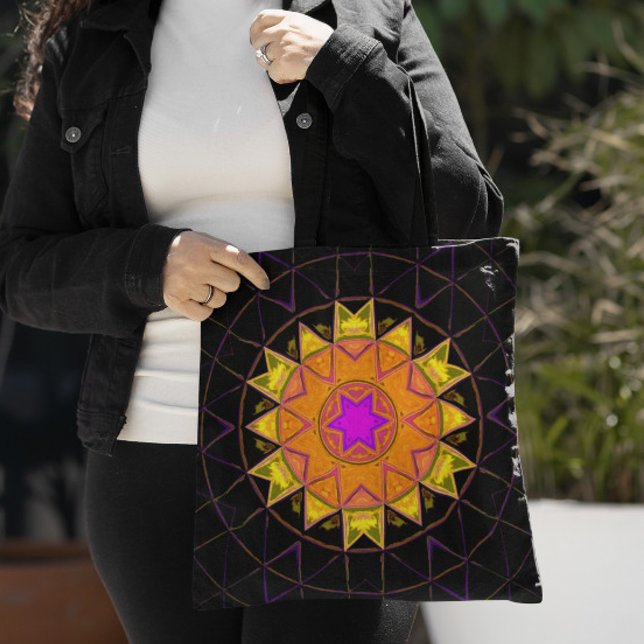 Bolsa Tote Mosaico Caleidoscópio Flor Laranja Rosa e Negro (Criador carregado)