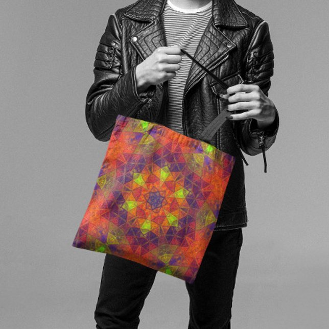 Bolsa Tote Mosaico Caleidoscópio Flor Laranja Roxo e Verde (Criador carregado)