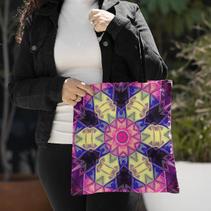 Bolsa Tote Mosaico Caleidoscópio Flor Rosa Amarelo e Azul