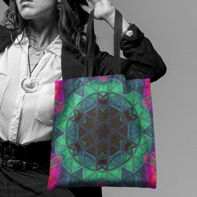 Bolsa Tote Mosaico Caleidoscópio Flor Verde Azul e Rosa (Criador carregado)