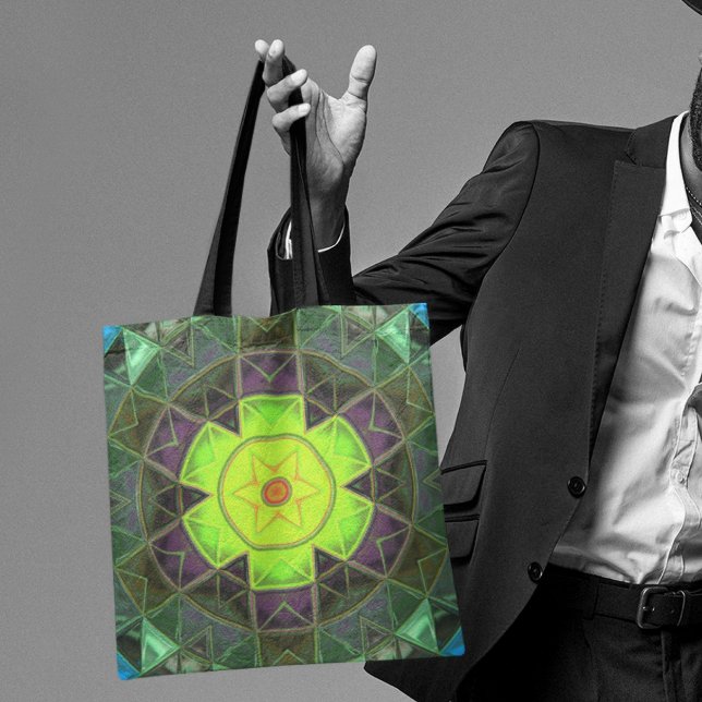 Bolsa Tote Mosaico Caleidoscópio Flor Verde Roxo e Amarelo (Criador carregado)