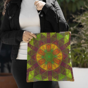 Bolsa Tote Mosaico Caleidoscópio Flor Verde Roxo e Laranja