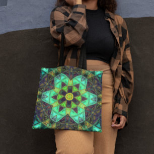 Bolsa Tote Mosaico Caleidoscópio Flor Verde Teal e Roxo