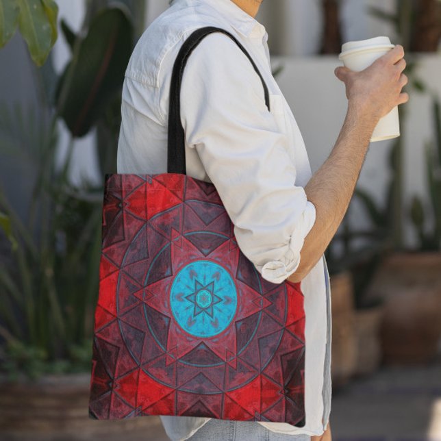 Bolsa Tote Mosaico Caleidoscópio Flor Vermelho e Azul (Criador carregado)