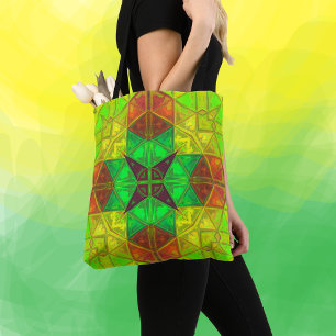 Bolsa Tote Mosaico Caleidoscópio Quadrado Amarelo Verde e La