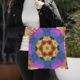Bolsa Tote Mosaico Flor de Mandala, Cor-de-rosa, amarelo e az