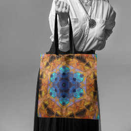 Bolsa Tote Mosaico Flor de Mandala Laranja e Azul