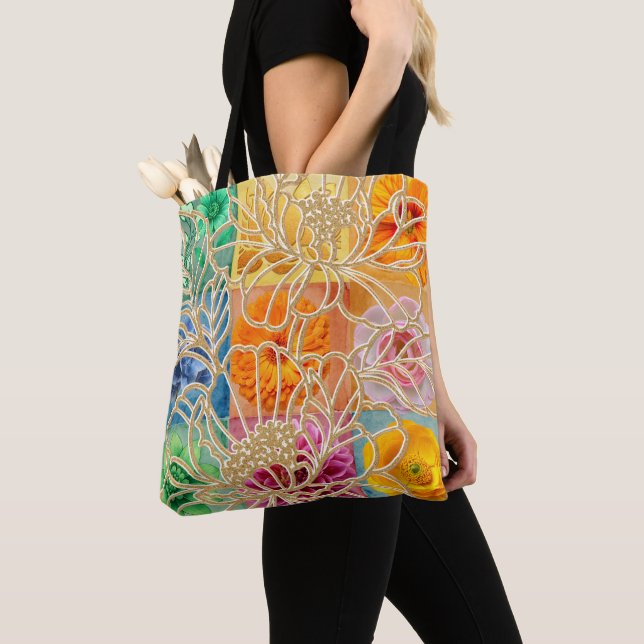 Bolsa Tote Mosaico Floral Dourado (Close Up)