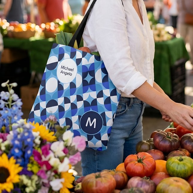 Bolsa Tote Mosaico Geométrico Azul Bauhaus Monograma Nome Per (Criador carregado)