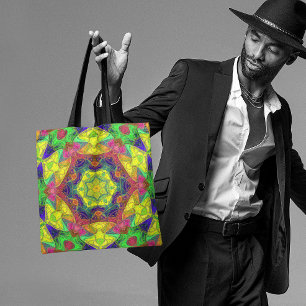 Bolsa Tote Mosaico Mandala Flor Amarelo Azul e Verde