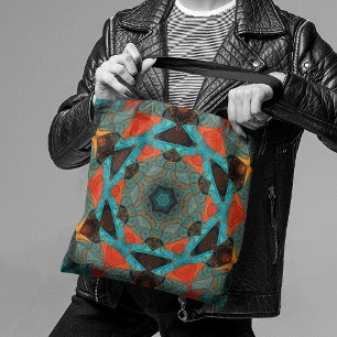 Bolsa Tote Mosaico Mandala Flor Azul e Laranja