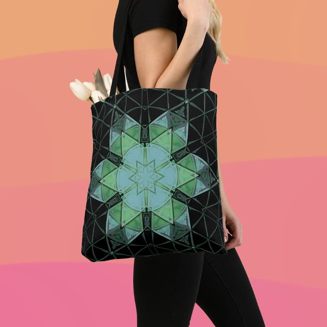 Bolsa Tote Mosaico Mandala Flor Azul Verde e Preto (Criador carregado)
