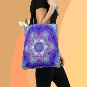 Bolsa Tote Mosaico Mandala Flor Roxo Azul e Branco