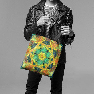 Bolsa Tote Mosaico Mandala Flor Verde Amarelo Azul e Laranja