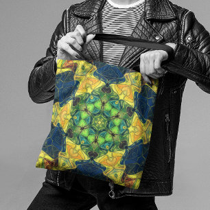 Bolsa Tote Mosaico Mandala Flor Verde Amarelo e Azul