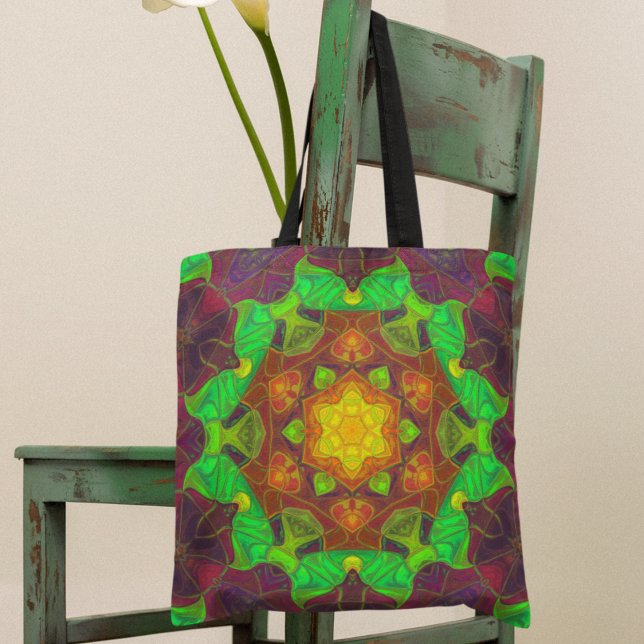 Bolsa Tote Mosaico Mandala Flor Verde Amarelo e Roxo (Criador carregado)