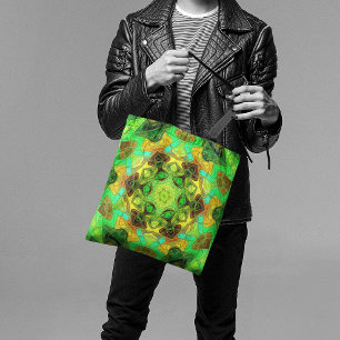 Bolsa Tote Mosaico Mandala Flor Verde Azul e Amarelo