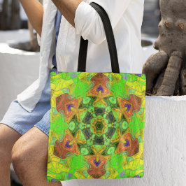 Bolsa Tote Mosaico Mandala Flor Verde Laranja e Amarelo