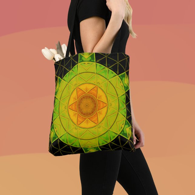 Bolsa Tote Mosaico Mandala Flor Verde Laranja e Preto (Criador carregado)