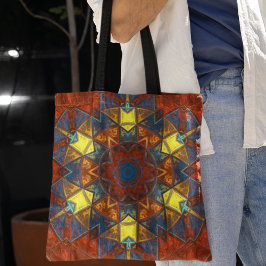 Bolsa Tote Mosaico Mandala Flor Vermelho Amarelo e Azul