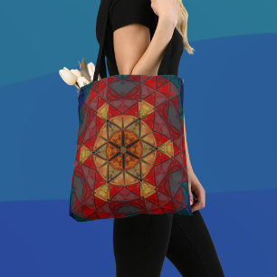 Bolsa Tote Mosaico Mandala Flor Vermelho Azul e Amarelo
