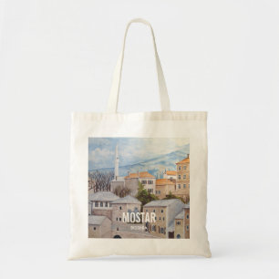 Bolsa Tote Mostar, Bósnia - Pintura de paisagem acrílica