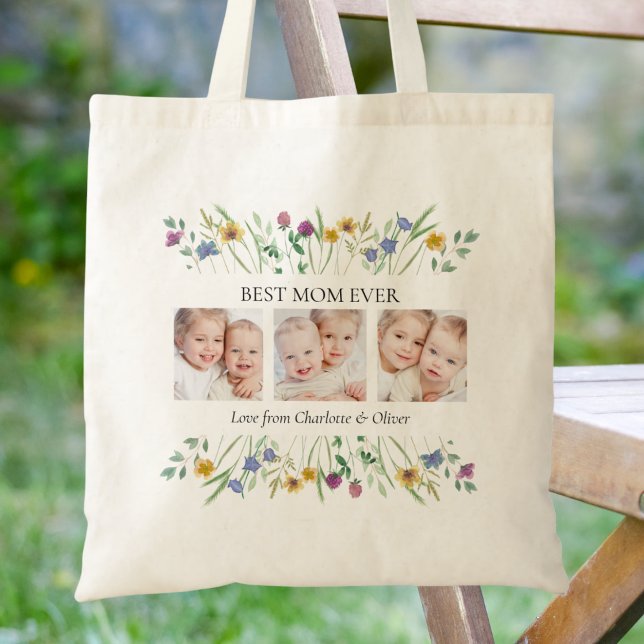 Bolsa Tote Mother's Day Best Mom Ever Floral Photo (Criador carregado)