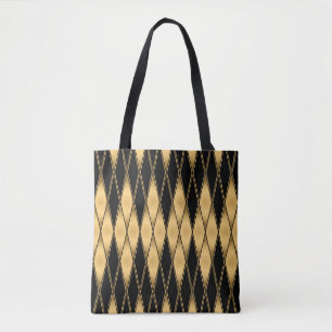 Bolsa Tote Motif de diamante: padrão elegante preto-dourado.