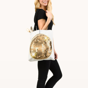 Bolsa Tote Motivo de Bola de Discoteca Dourada, Tema Retro do