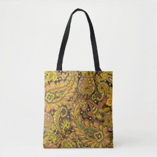Bolsa Tote Motivo Paisley em Amarelo, Marrom sobre Fundo Pret