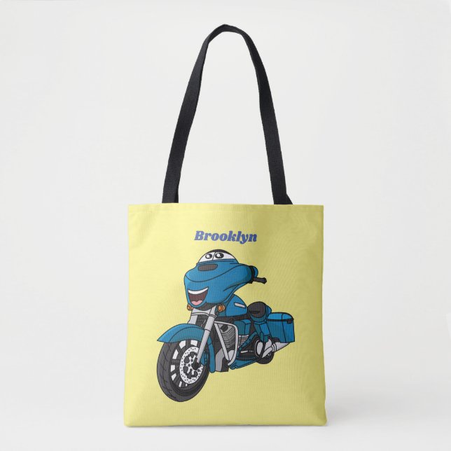 Bolsa Tote Moto de desenho animado azul feliz fofa (Frente)