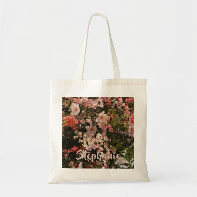 Bolsa Tote Muitas Flores Brancas Rosa Nome Personalizado Flor (Frente)