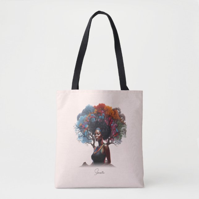 Bolsa Tote Mulher afro-americana com cabelo estragado em árvo (Frente)