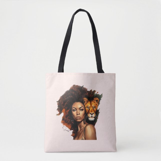 Bolsa Tote Mulher afro-americana com Leão majestoso (Frente)