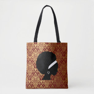 Bolsa Tote Mulher afro-americana no Damasco Vermelho e Dourad
