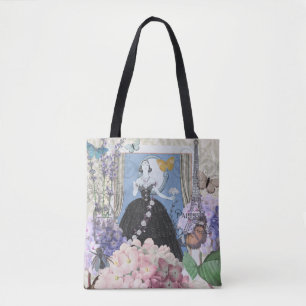 Bolsa Tote Mulher Azul Elegante Vestido Floral Fancy