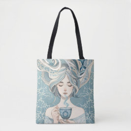 Bolsa Tote Mulher Azulejo otomana com chá - Fluxo Azul Suave