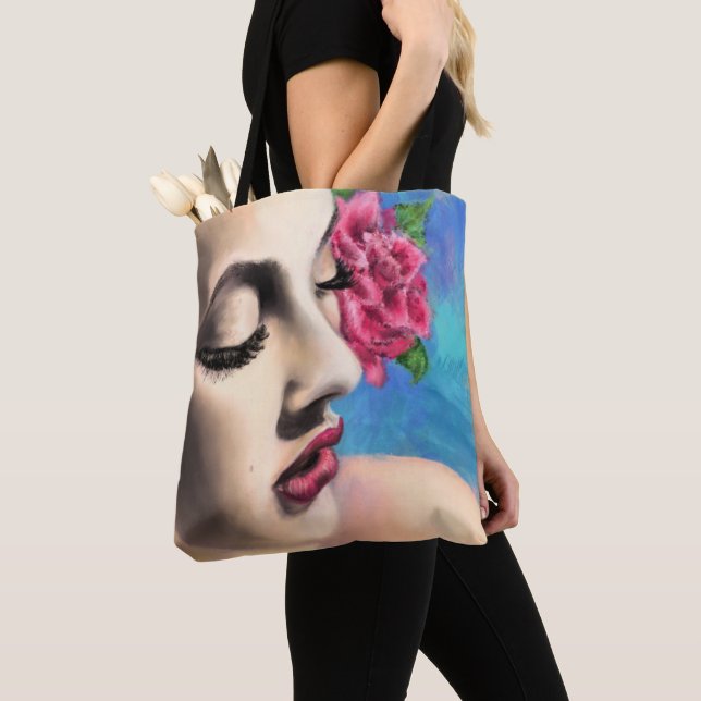 Bolsa Tote Mulher Bela com Rosa vermelha - Pintura Original (Close Up)