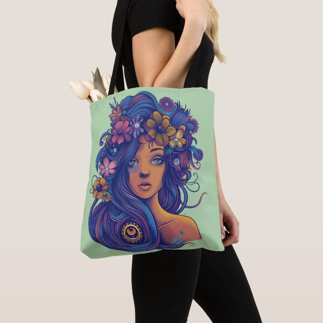 Bolsa Tote Mulher Boho Fantasy com Cabelo Floral (Close Up)