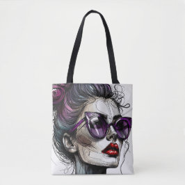 Bolsa Tote Mulher bonito em óculos escuros e batom roxo