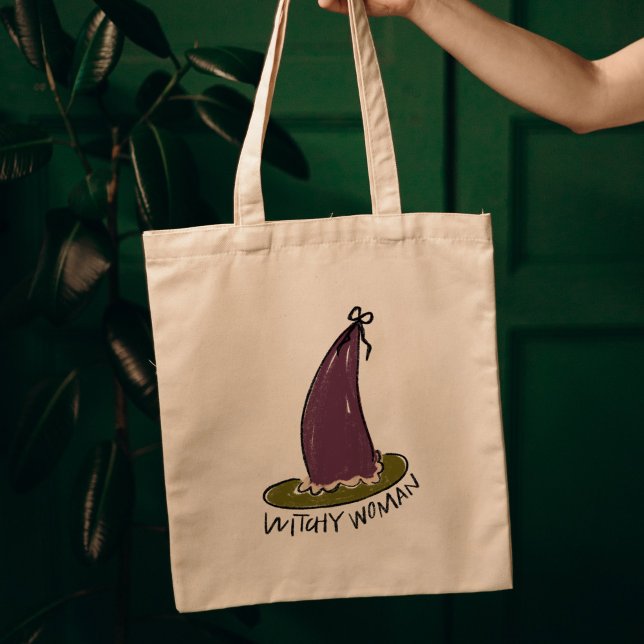 Bolsa Tote Mulher Bruxa Ilustrada Chapéu de Bruxa Roxo (Witchy Woman Illustrated Purple Witch Hat Tote Bag)