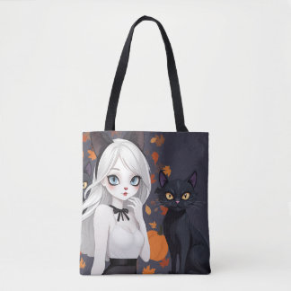 Bolsa Tote Mulher de anime com gato preto.