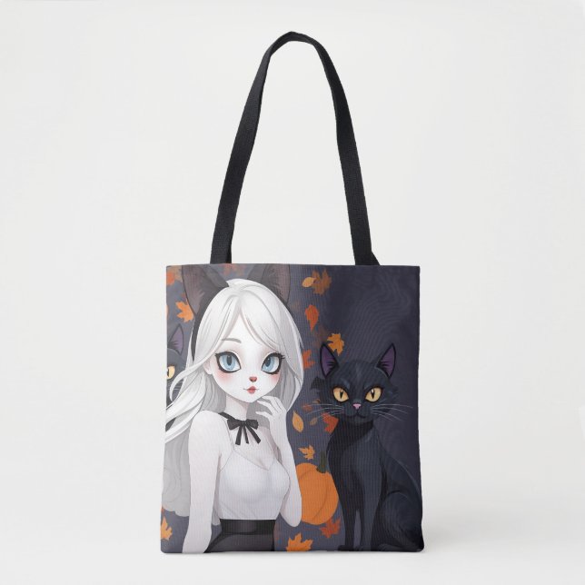 Bolsa Tote Mulher de anime com gato preto. (Frente)