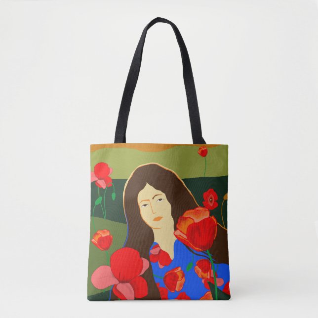Bolsa Tote Mulher de cabelos compridos caminhando no campo de (Frente)