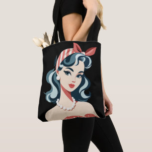Bolsa Tote mulher dos anos 50 usando cachecol arte colorida