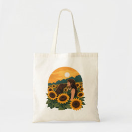 Bolsa Tote Mulher e Labrador Chocolate em um Girassol Dourado